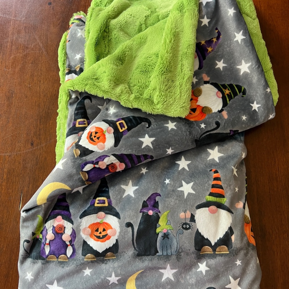 Handmade Halloween Gnomes Minky Throw Quilt - Super Soft, Gray and Lime Green